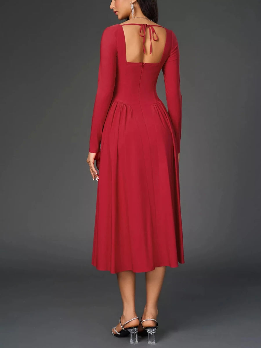Sweetheart Neckline Long Sleeve A - Line Midi Dress - 