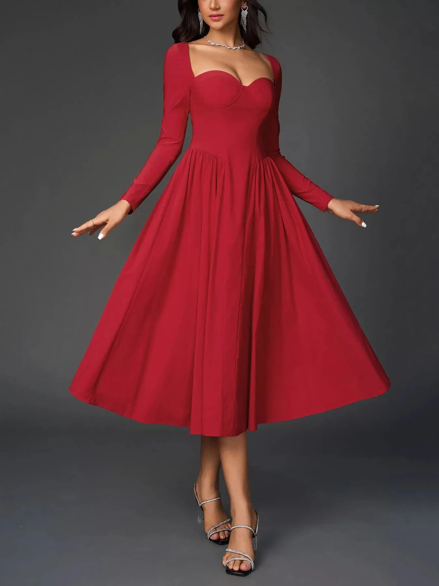 Sweetheart Neckline Long Sleeve A - Line Midi Dress - 