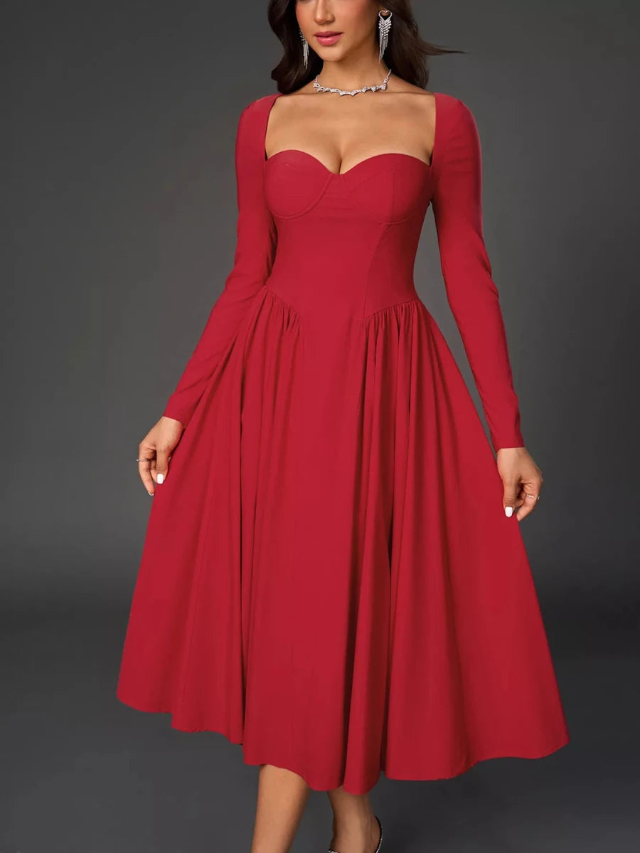 Sweetheart Neckline Long Sleeve A - Line Midi Dress - 