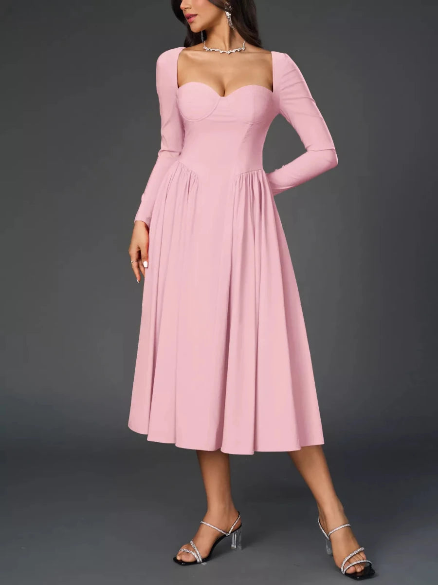 Sweetheart Neckline Long Sleeve A - Line Midi Dress - 