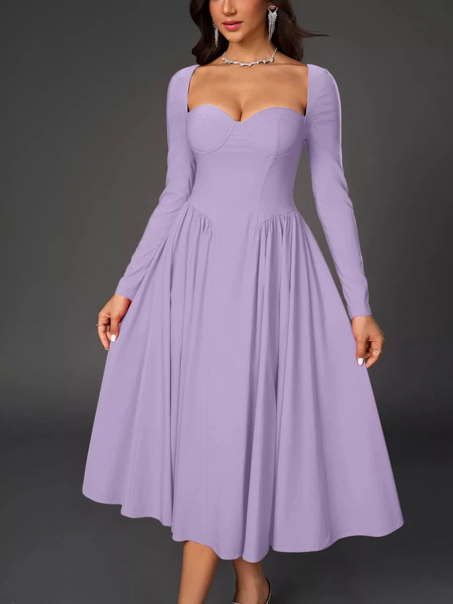 Sweetheart Neckline Long Sleeve A - Line Midi Dress - 