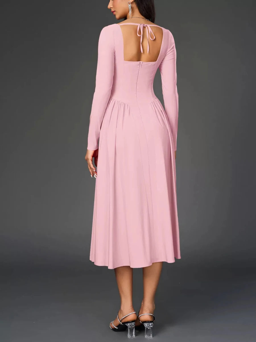 Sweetheart Neckline Long Sleeve A - Line Midi Dress - 