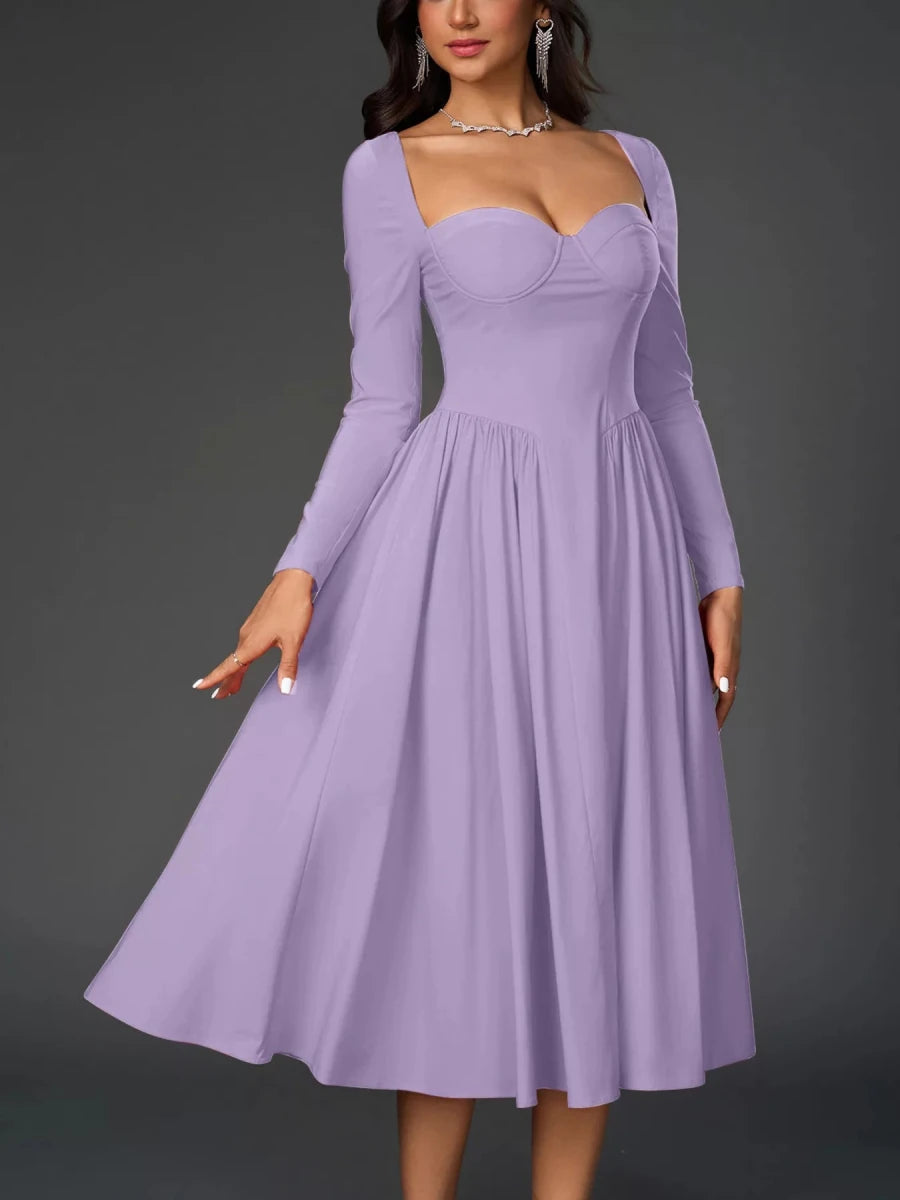 Sweetheart Neckline Long Sleeve A - Line Midi Dress - 