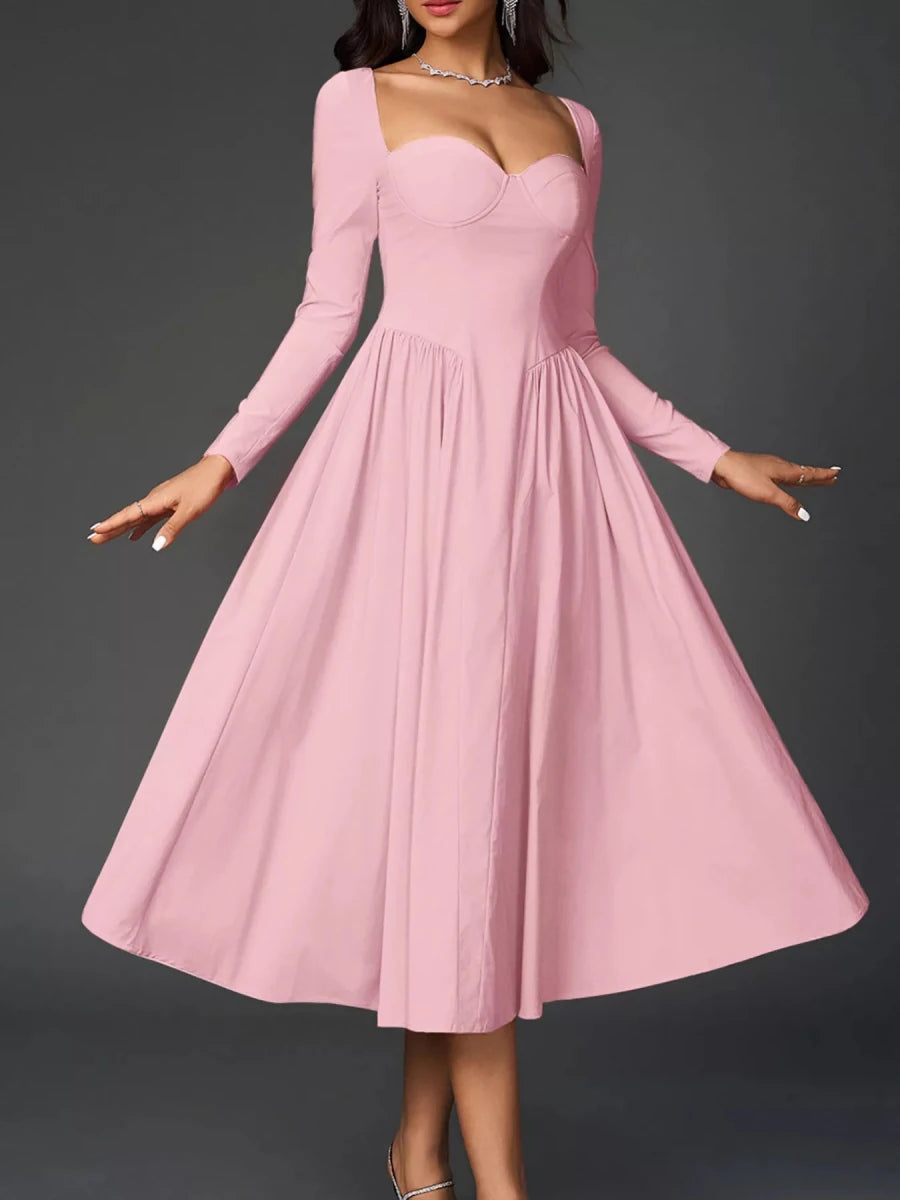 Sweetheart Neckline Long Sleeve A - Line Midi Dress - 