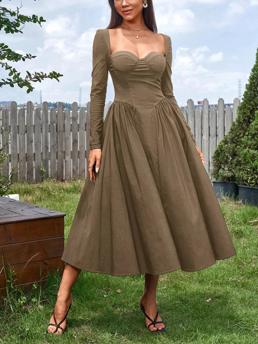 Sweetheart Neckline Long Sleeve A - Line Midi Dress - 