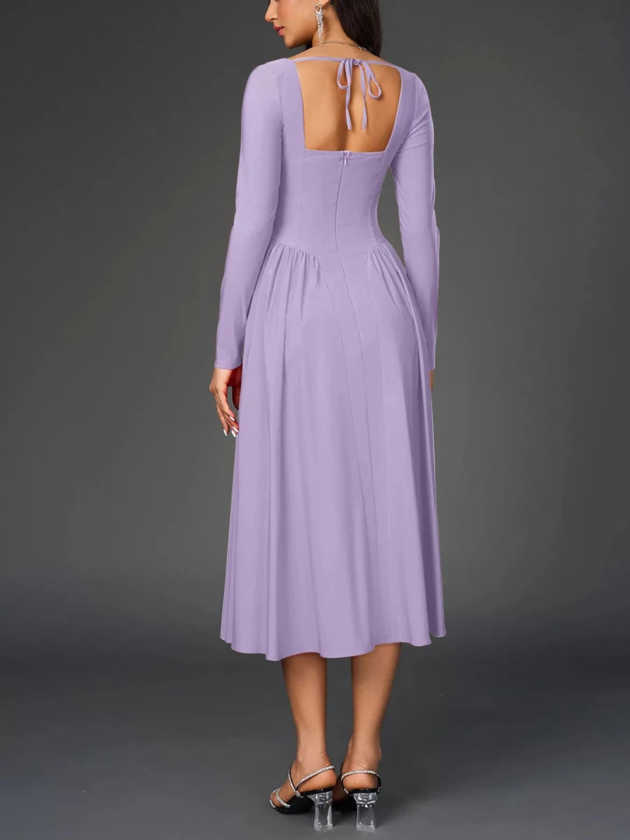 Sweetheart Neckline Long Sleeve A - Line Midi Dress - 