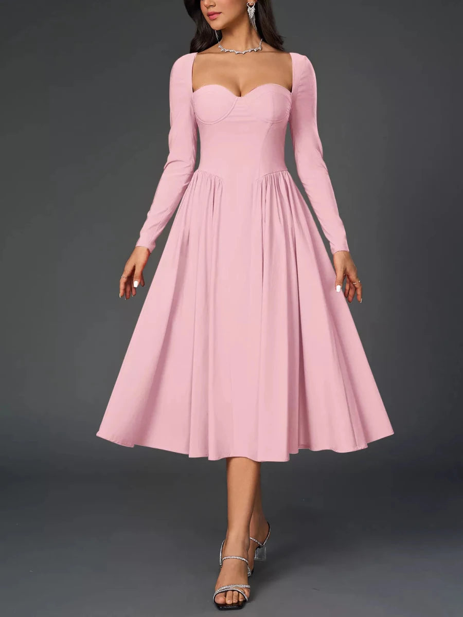 Sweetheart Neckline Long Sleeve A - Line Midi Dress - 