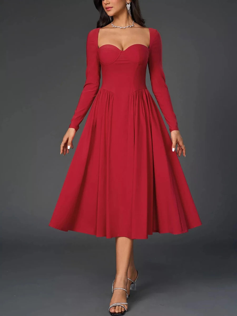 Sweetheart Neckline Long Sleeve A - Line Midi Dress - 