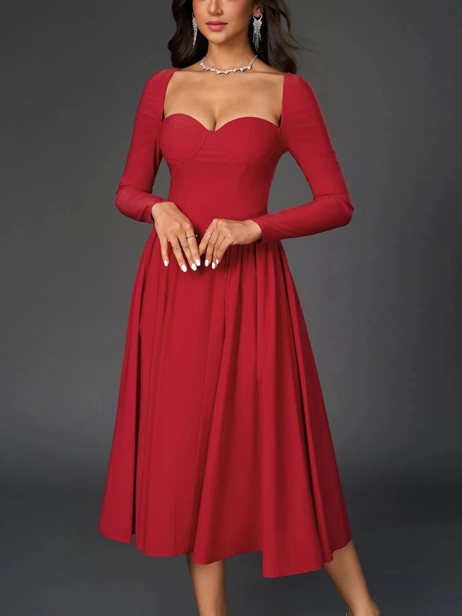 Sweetheart Neckline Long Sleeve A - Line Midi Dress - 