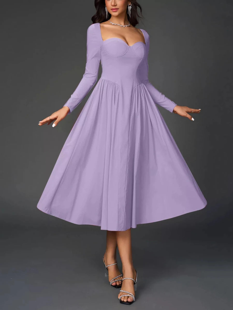 Sweetheart Neckline Long Sleeve A - Line Midi Dress - 