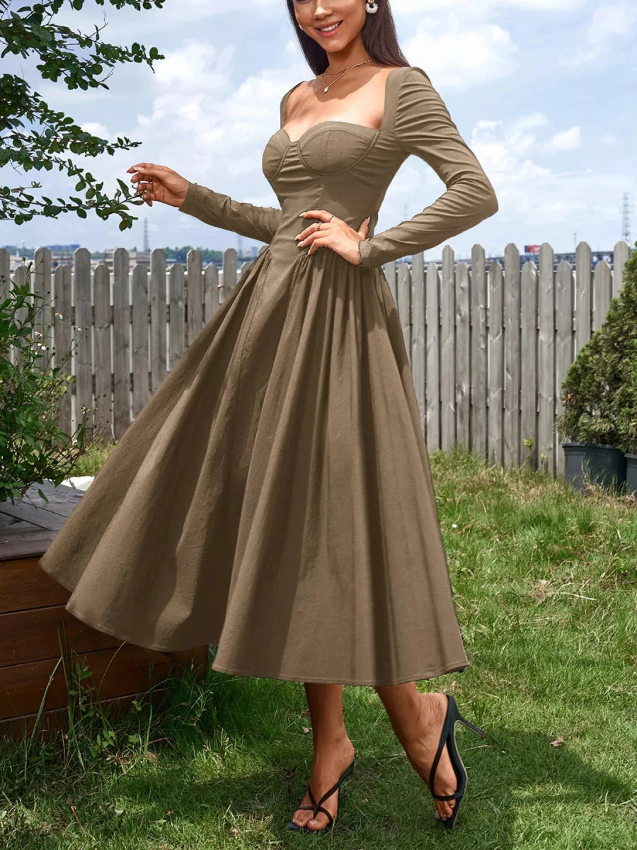 Sweetheart Neckline Long Sleeve A - Line Midi Dress - 