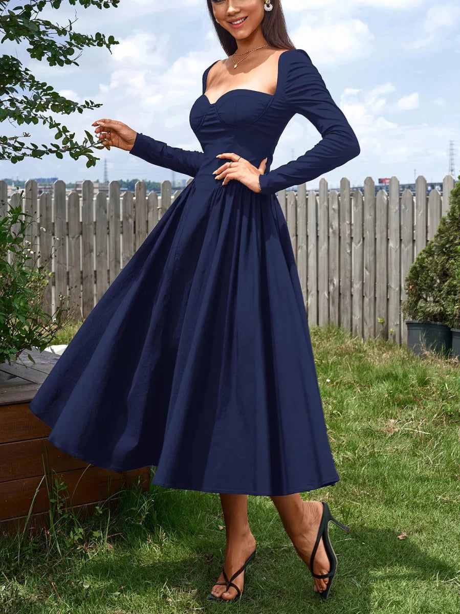 Sweetheart Neckline Long Sleeve A - Line Midi Dress - 