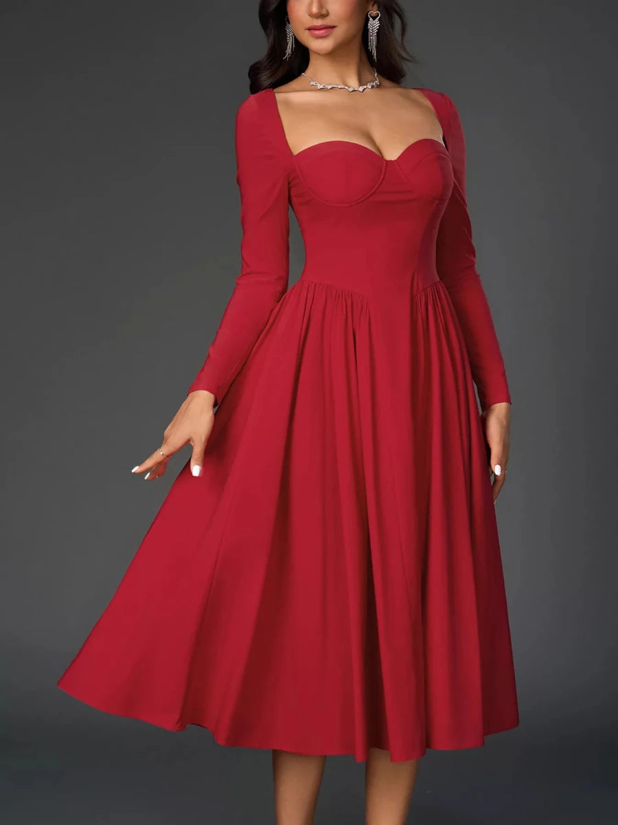 Sweetheart Neckline Long Sleeve A - Line Midi Dress - 