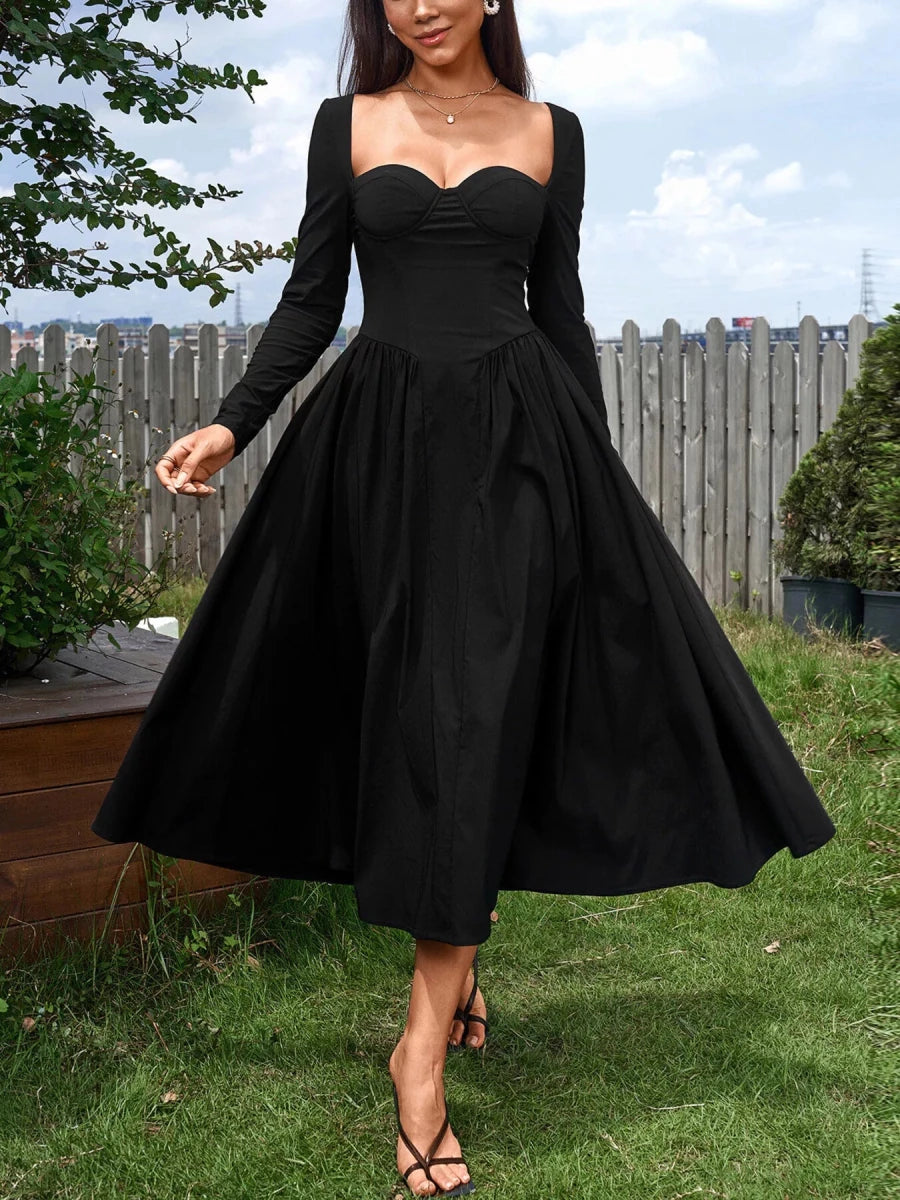 Sweetheart Neckline Long Sleeve A - Line Midi Dress - 