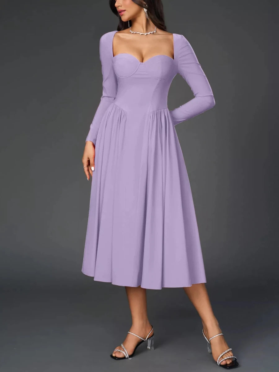 Sweetheart Neckline Long Sleeve A - Line Midi Dress - 