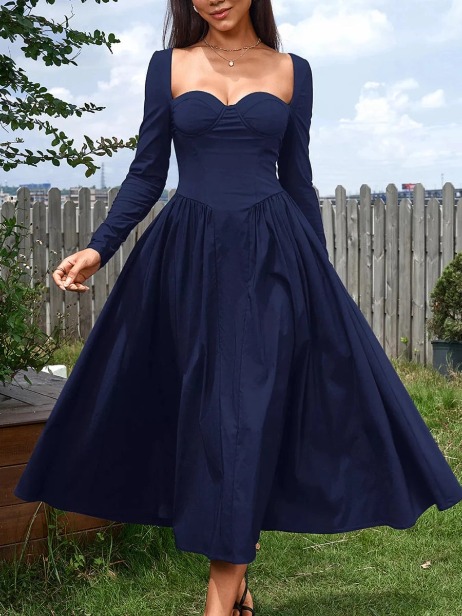 Sweetheart Neckline Long Sleeve A - Line Midi Dress - 
