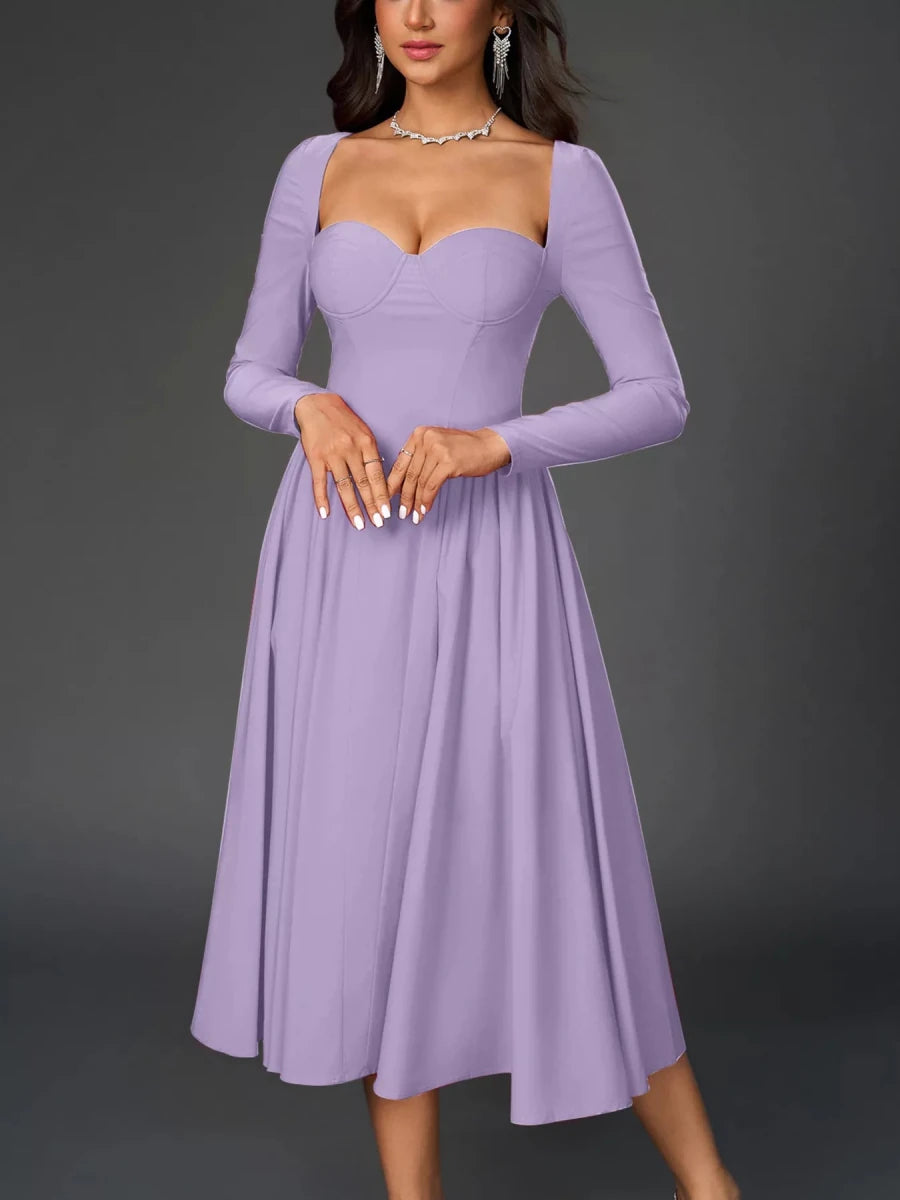 Sweetheart Neckline Long Sleeve A - Line Midi Dress - 