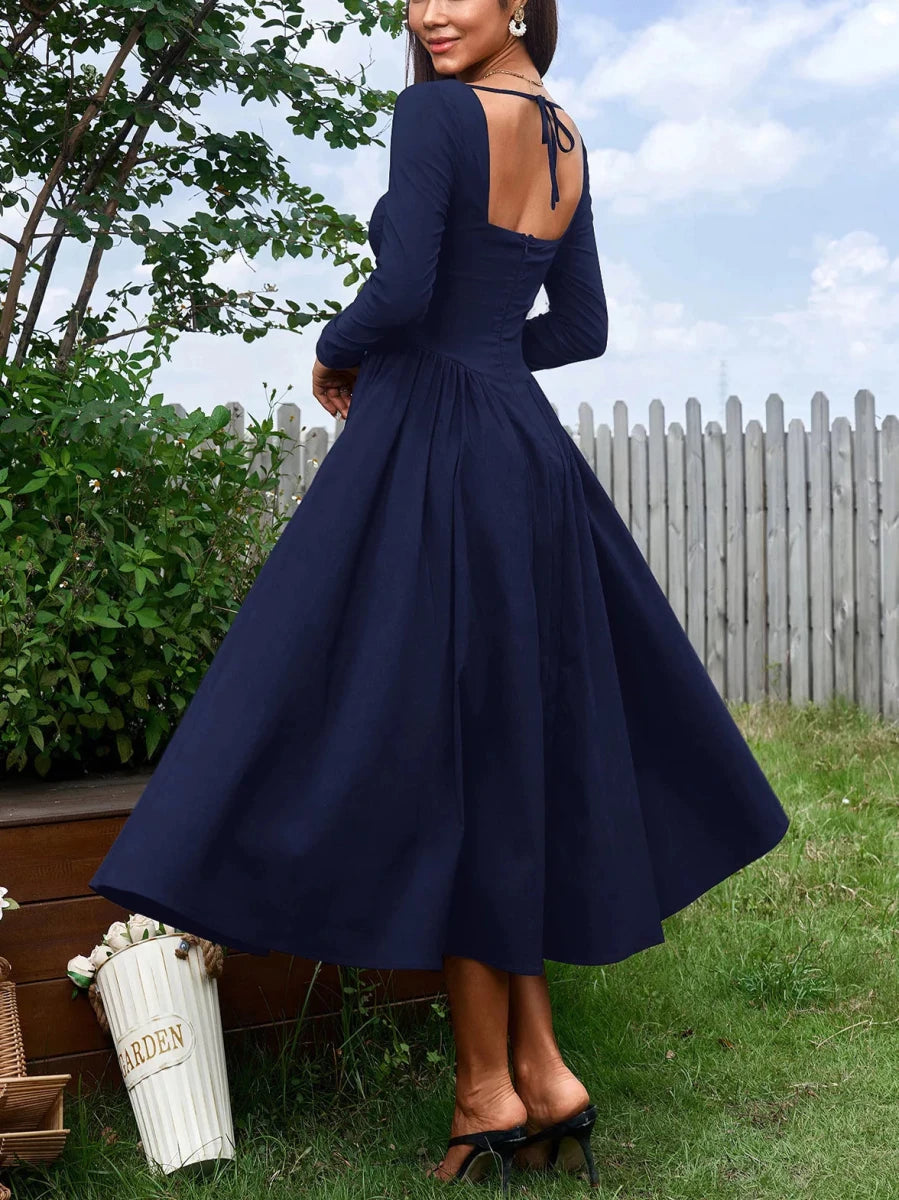 Sweetheart Neckline Long Sleeve A - Line Midi Dress - 