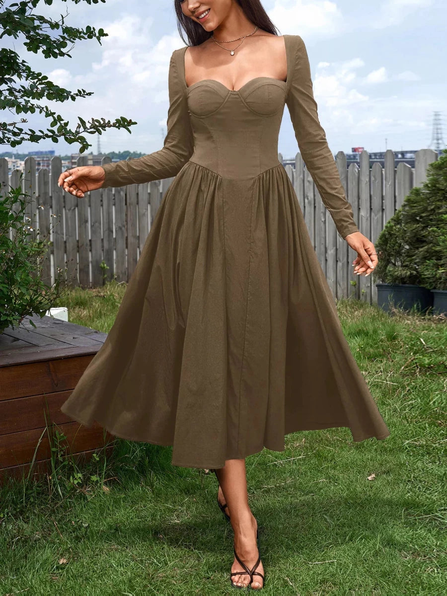 Sweetheart Neckline Long Sleeve A - Line Midi Dress - 