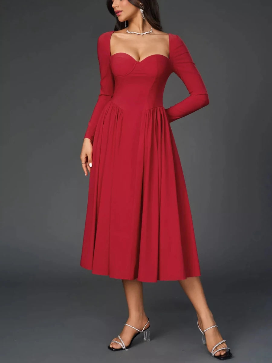 Sweetheart Neckline Long Sleeve A - Line Midi Dress - 