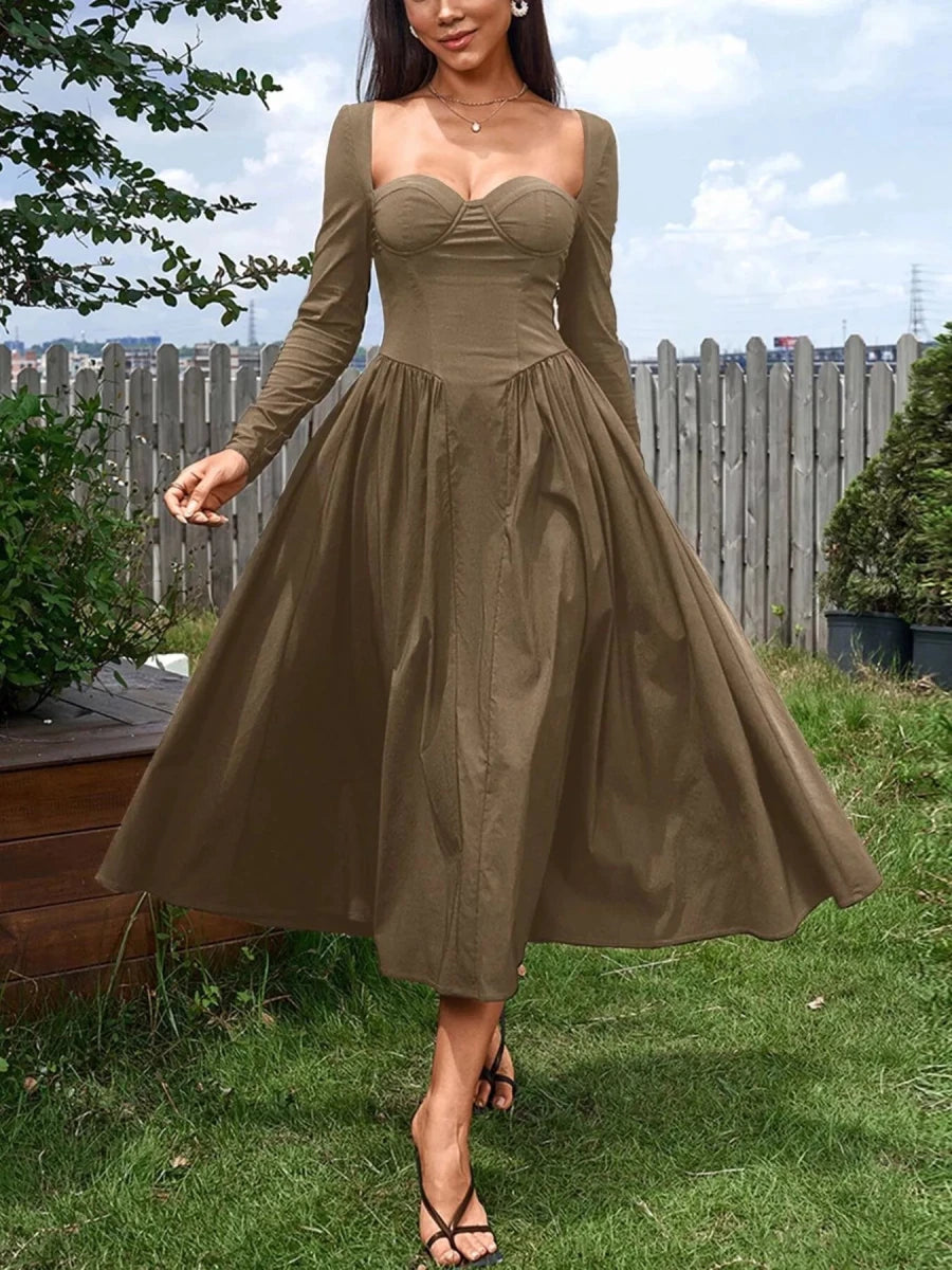 Sweetheart Neckline Long Sleeve A - Line Midi Dress - 