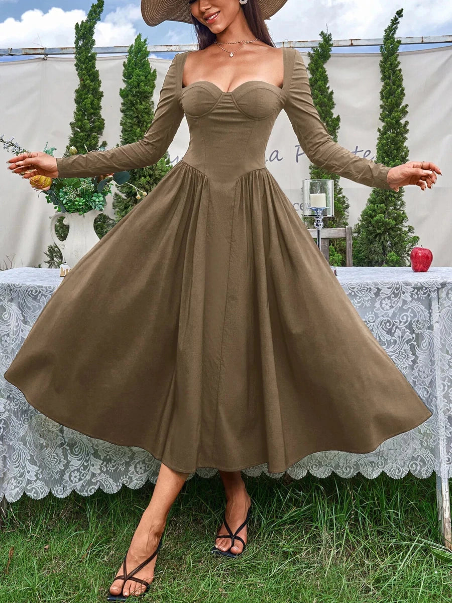 Sweetheart Neckline Long Sleeve A - Line Midi Dress - 