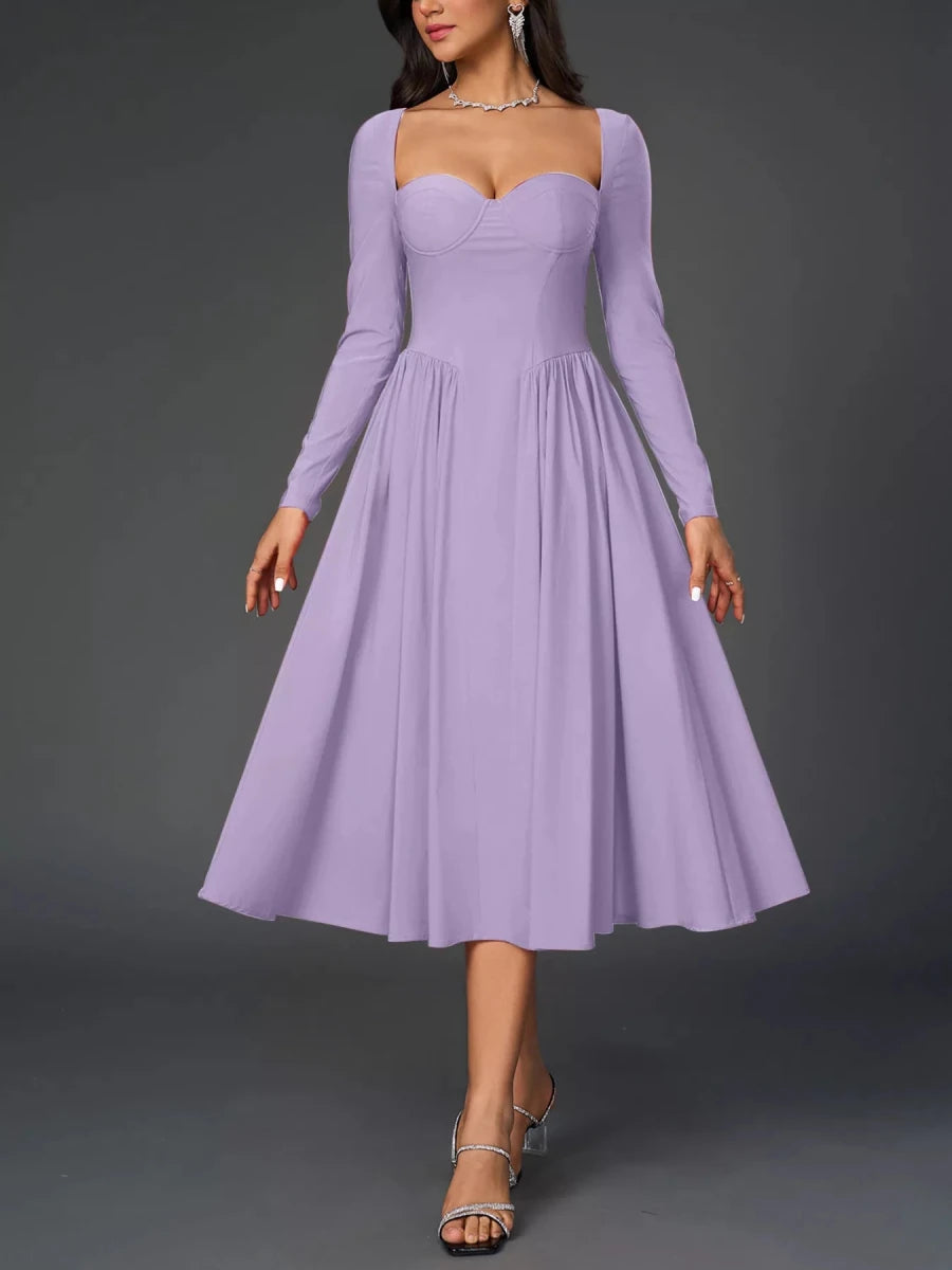 Sweetheart Neckline Long Sleeve A - Line Midi Dress - 