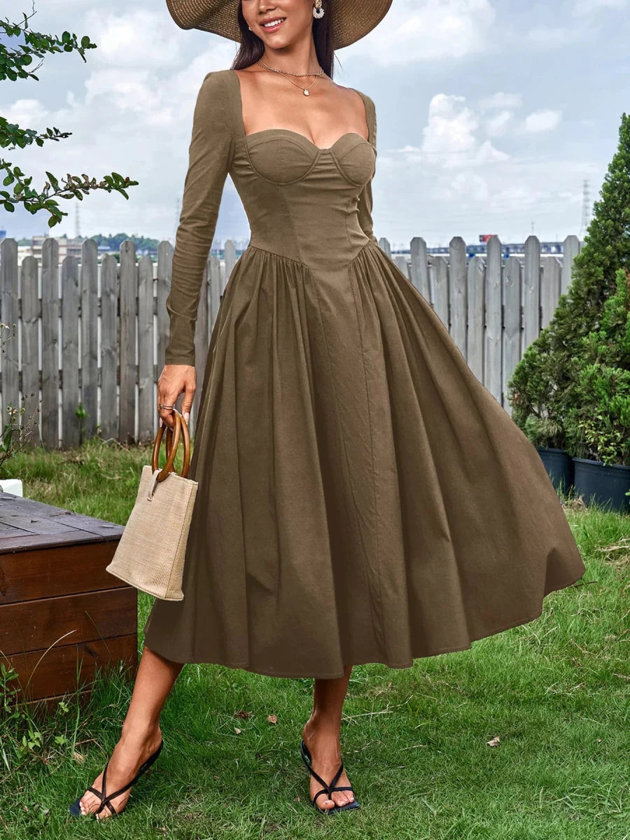 Sweetheart Neckline Long Sleeve A - Line Midi Dress - 