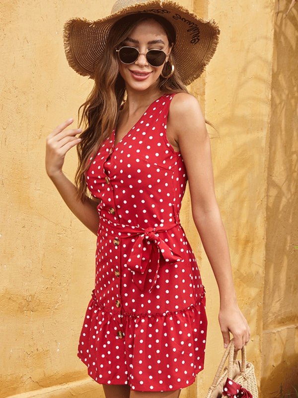 tank top skirt round neck fungus edge polka dot slim dress - Day Dress