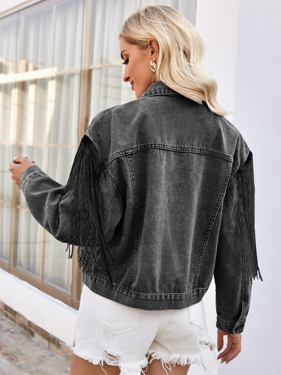Tassel Button Up Dropped Shoulder Denim Jacket - Outerwear