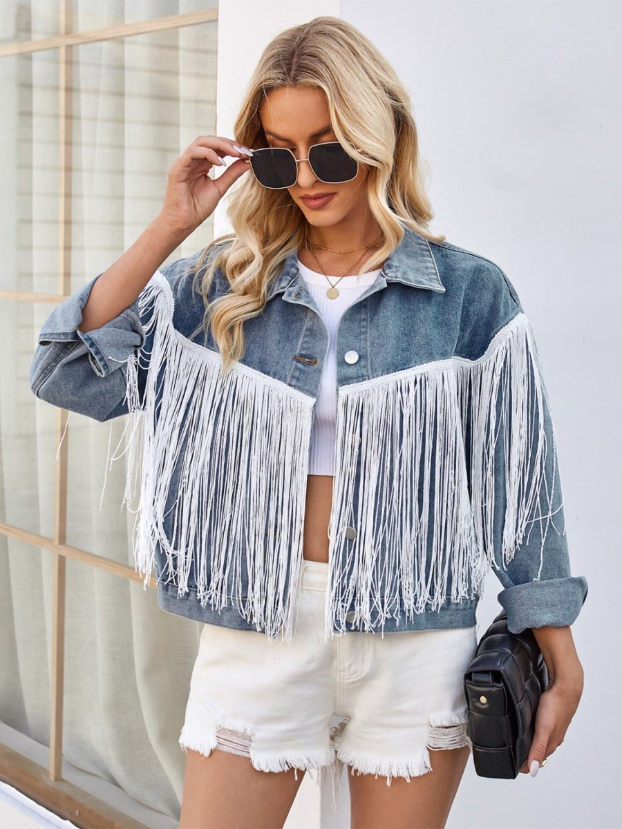 Tassel Button Up Dropped Shoulder Denim Jacket - Outerwear