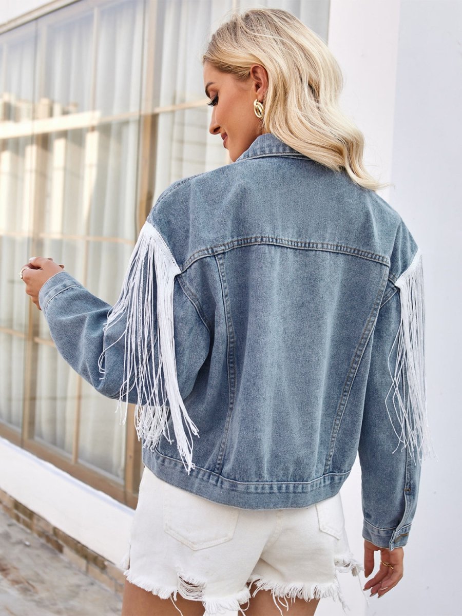 Tassel Button Up Dropped Shoulder Denim Jacket - Outerwear