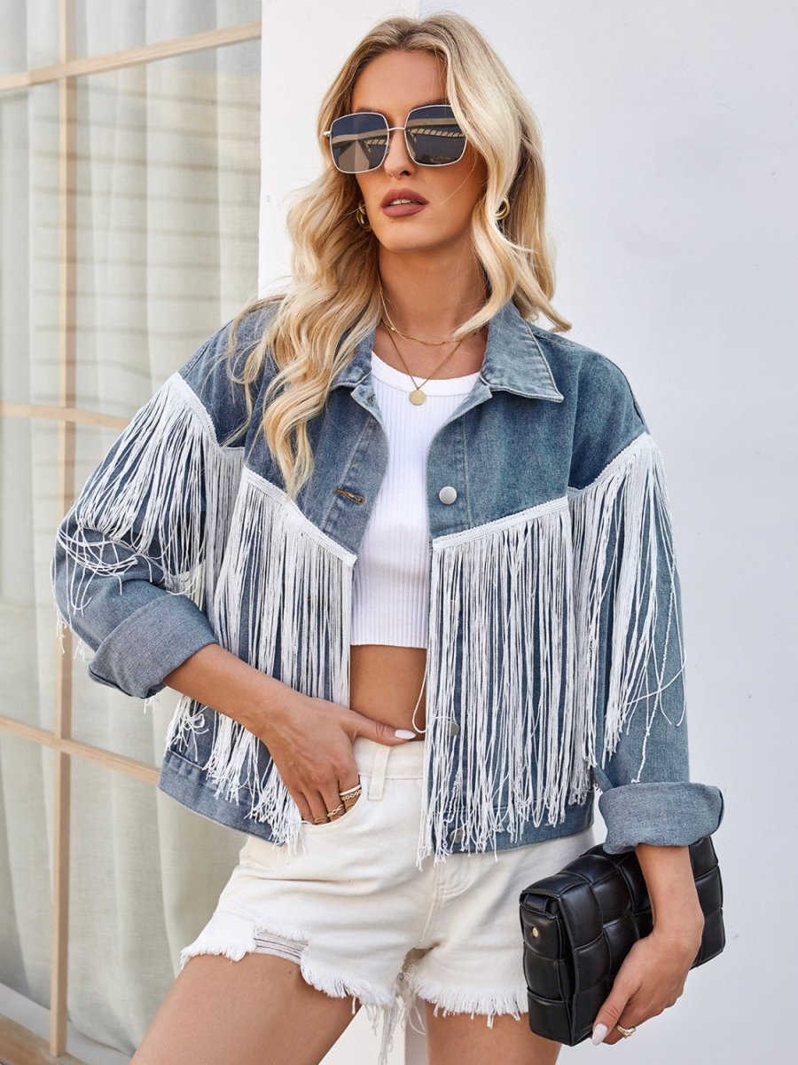 Tassel Button Up Dropped Shoulder Denim Jacket - Outerwear