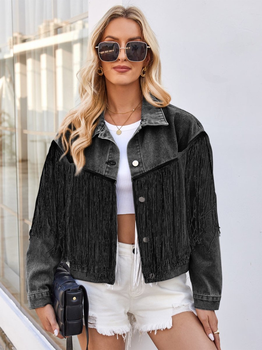 Tassel Button Up Dropped Shoulder Denim Jacket - Outerwear