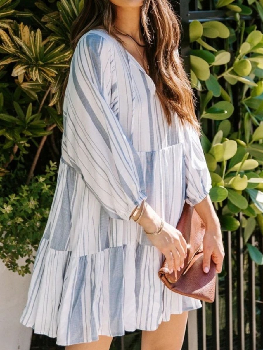Tassel Striped Tie Neck Batwing Sleeve Dress - Casual Dress