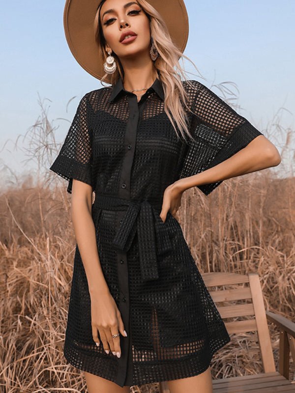 Temperament Solid Color Lapel Perspective Mesh Black Dress - Formal Dress