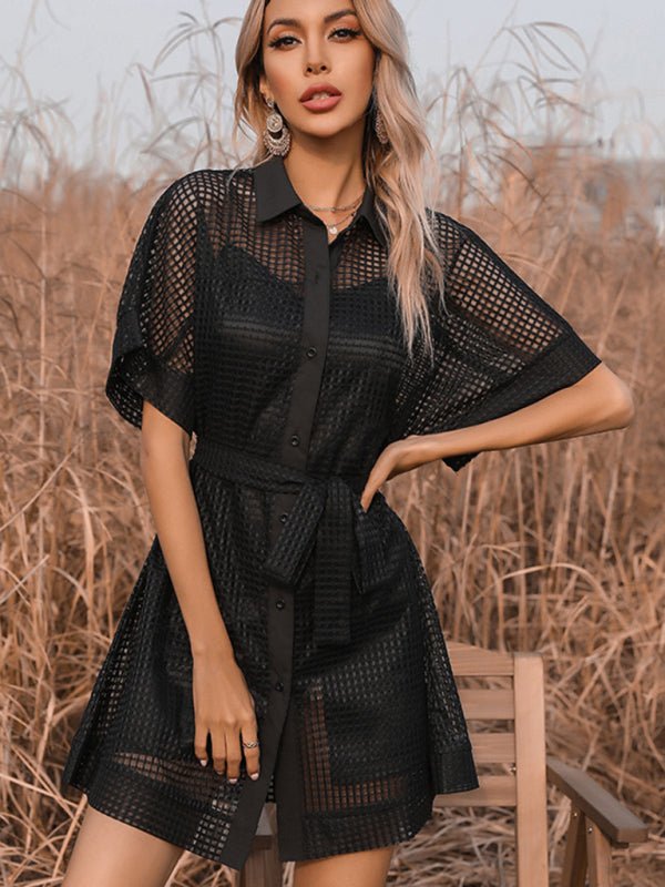 Temperament Solid Color Lapel Perspective Mesh Black Dress - Formal Dress