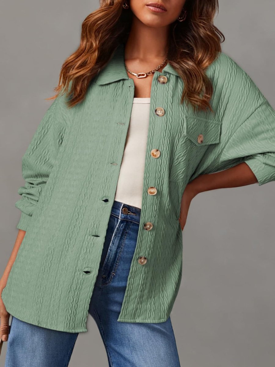 Textured Button Up Long Sleeve Shacket - Outerwear