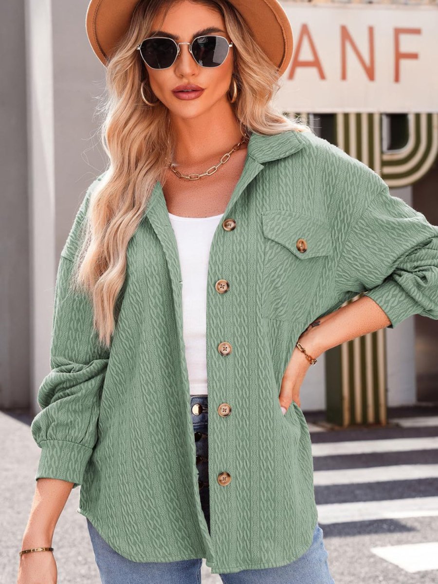 Textured Button Up Long Sleeve Shacket - Outerwear