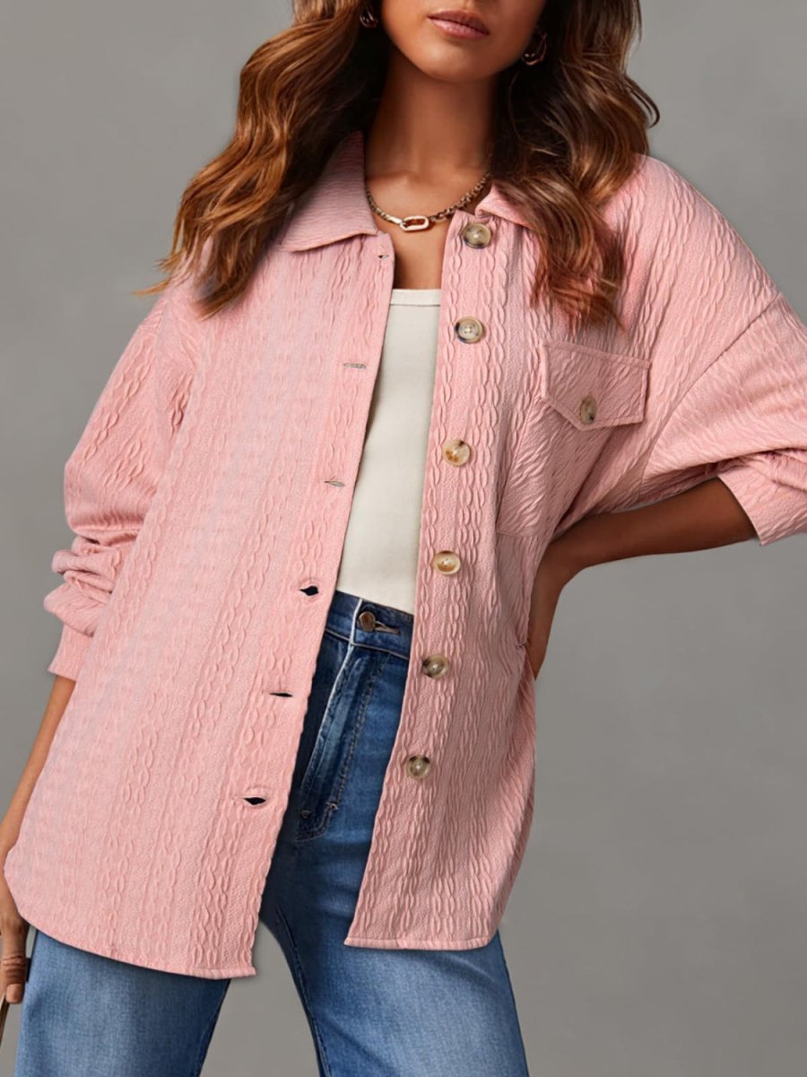 Textured Button Up Long Sleeve Shacket - Outerwear