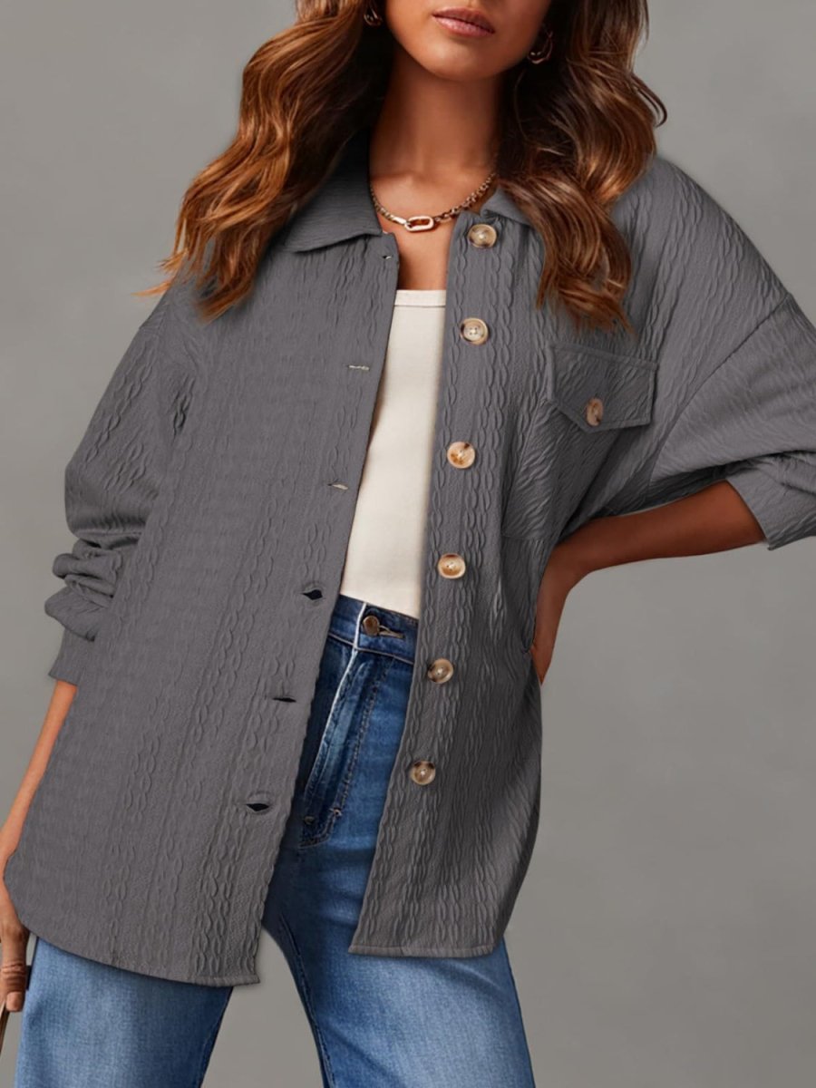 Textured Button Up Long Sleeve Shacket - Outerwear