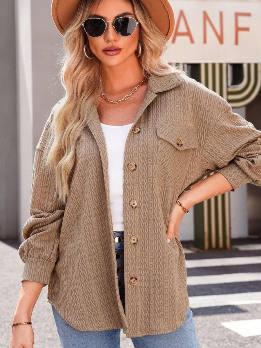 Textured Button Up Long Sleeve Shacket - Outerwear