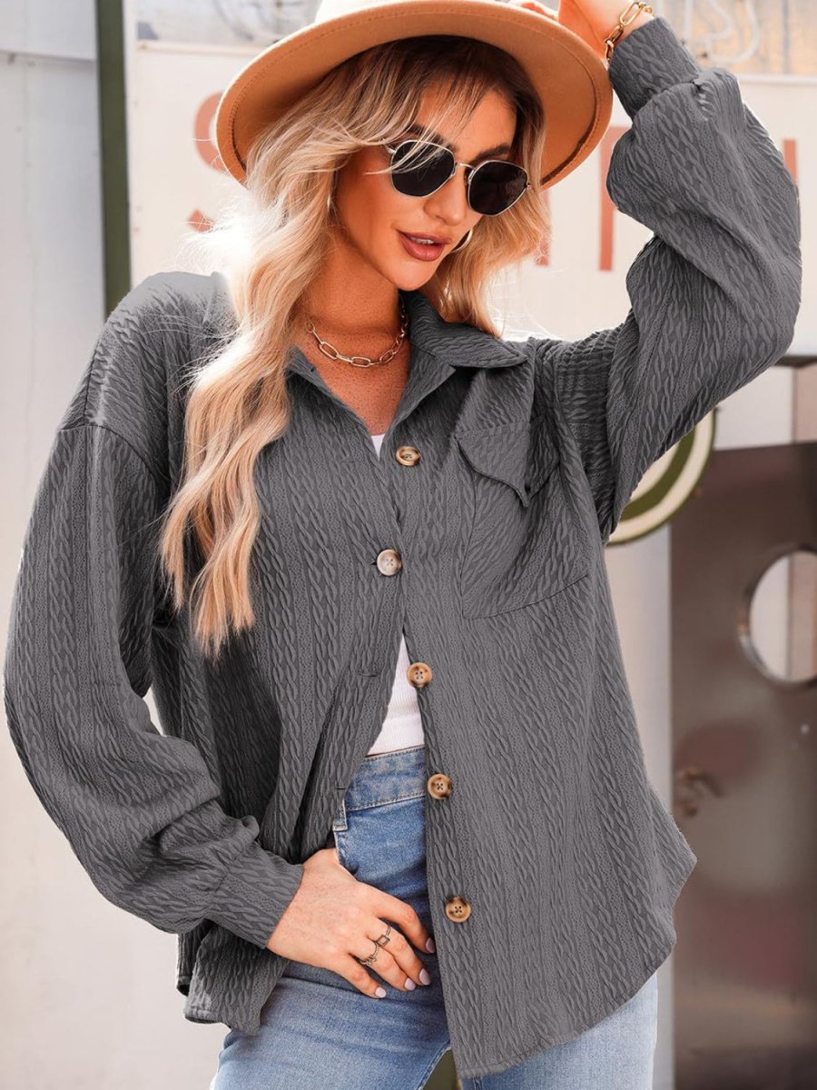 Textured Button Up Long Sleeve Shacket - Outerwear