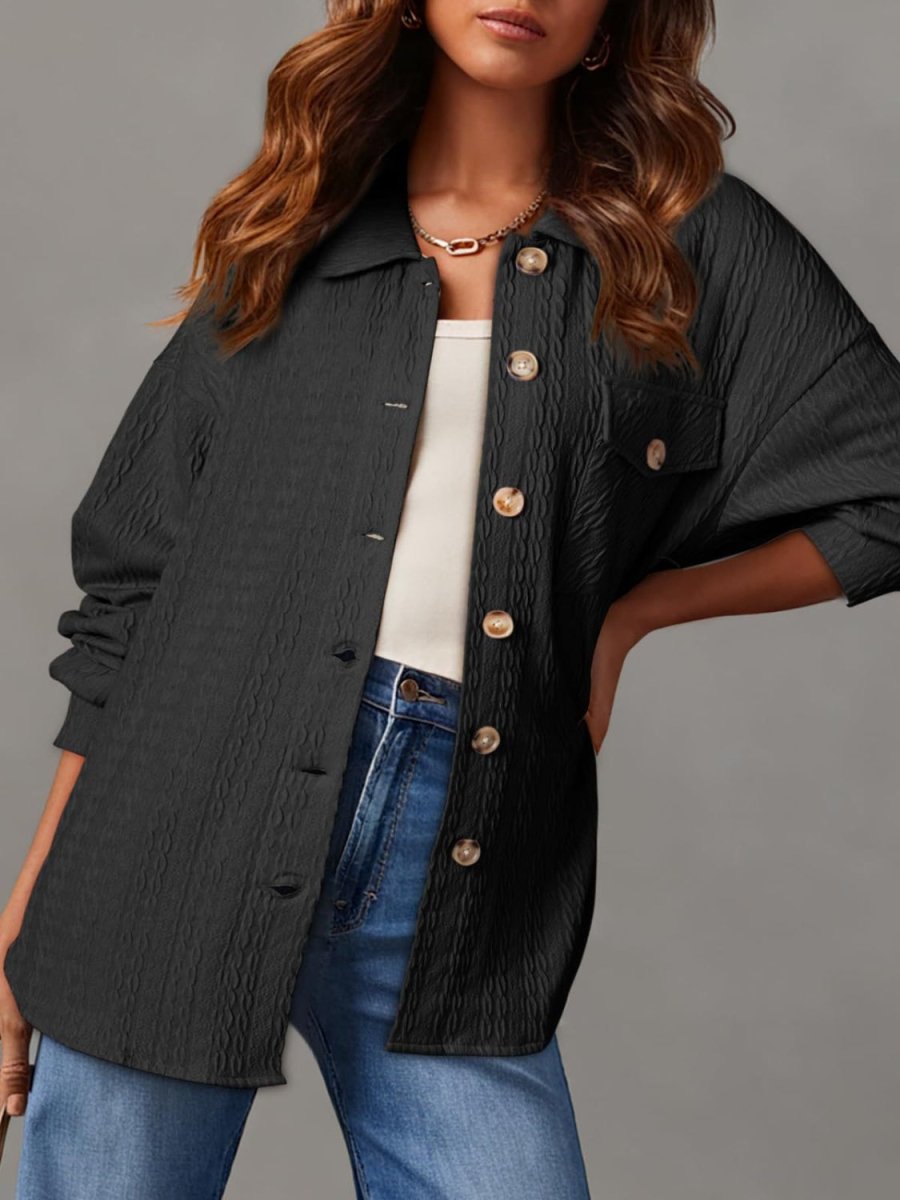 Textured Button Up Long Sleeve Shacket - Outerwear