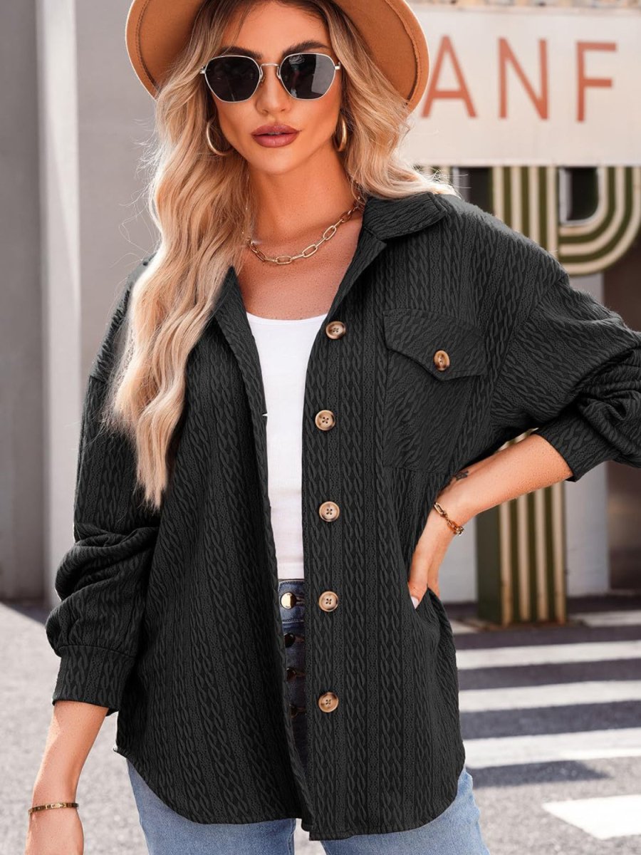 Textured Button Up Long Sleeve Shacket - Outerwear
