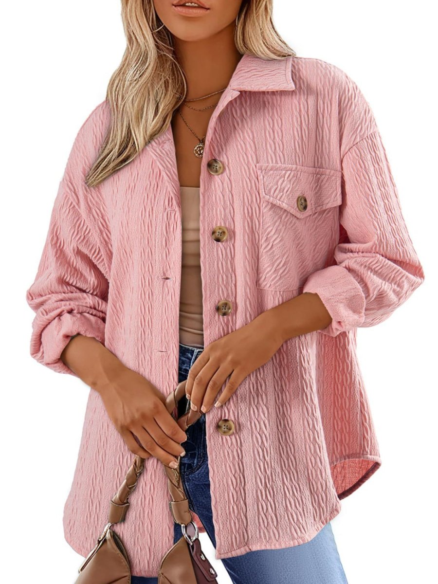 Textured Button Up Long Sleeve Shacket - Outerwear