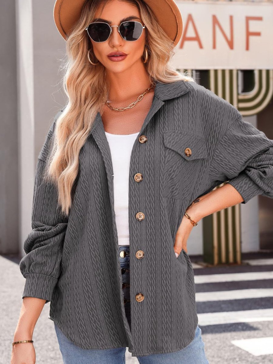 Textured Button Up Long Sleeve Shacket - Outerwear