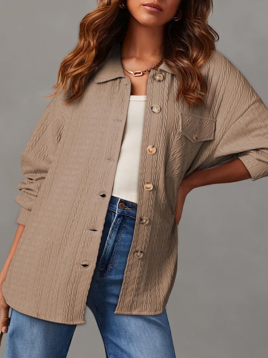 Textured Button Up Long Sleeve Shacket - Outerwear
