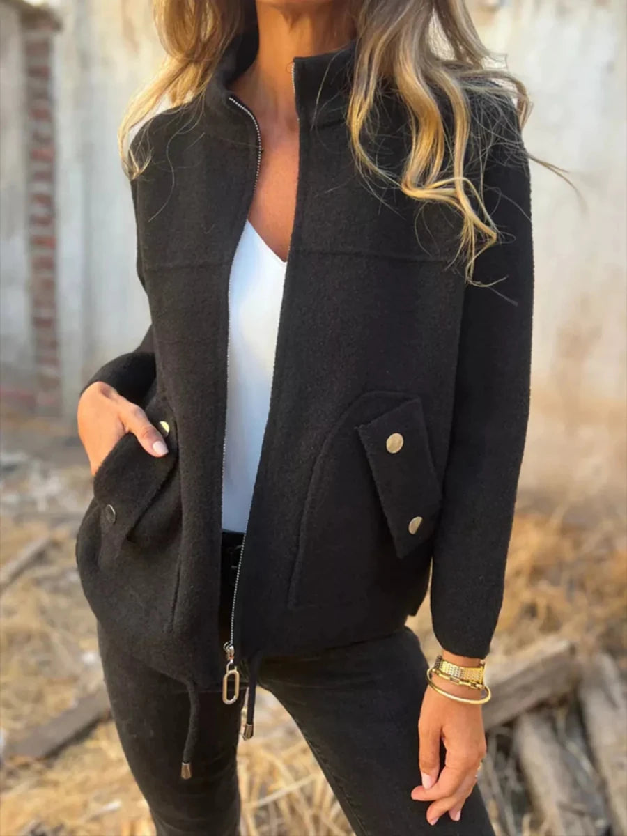 Textured Knit Zip Up Jacket with Pockets - 