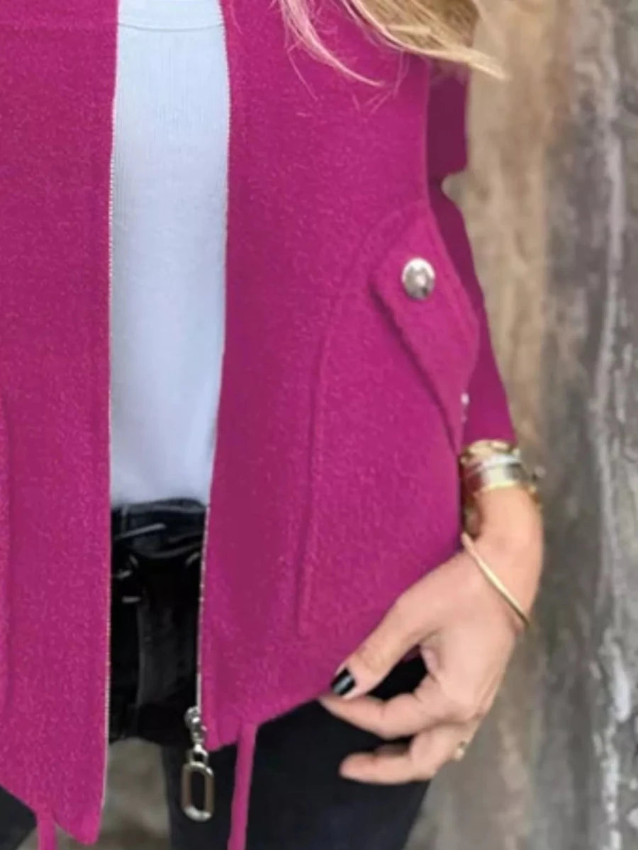 Textured Knit Zip Up Jacket with Pockets - 